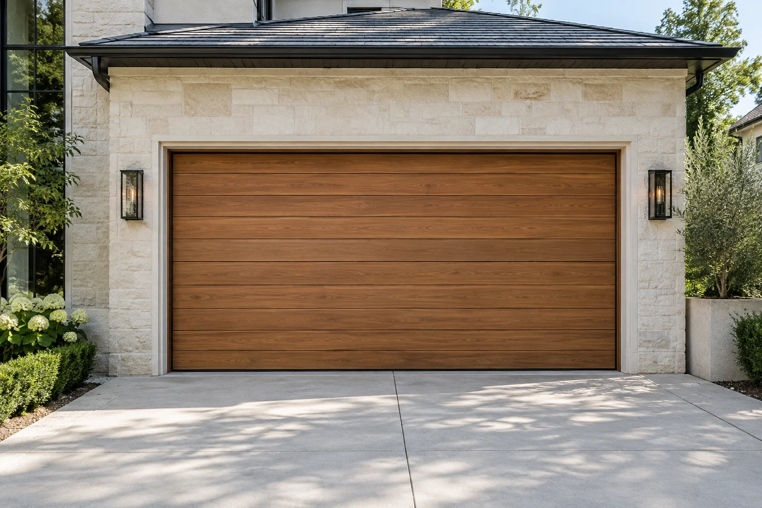 Horizontal cedar garage door framed by pale limestone in daylight
