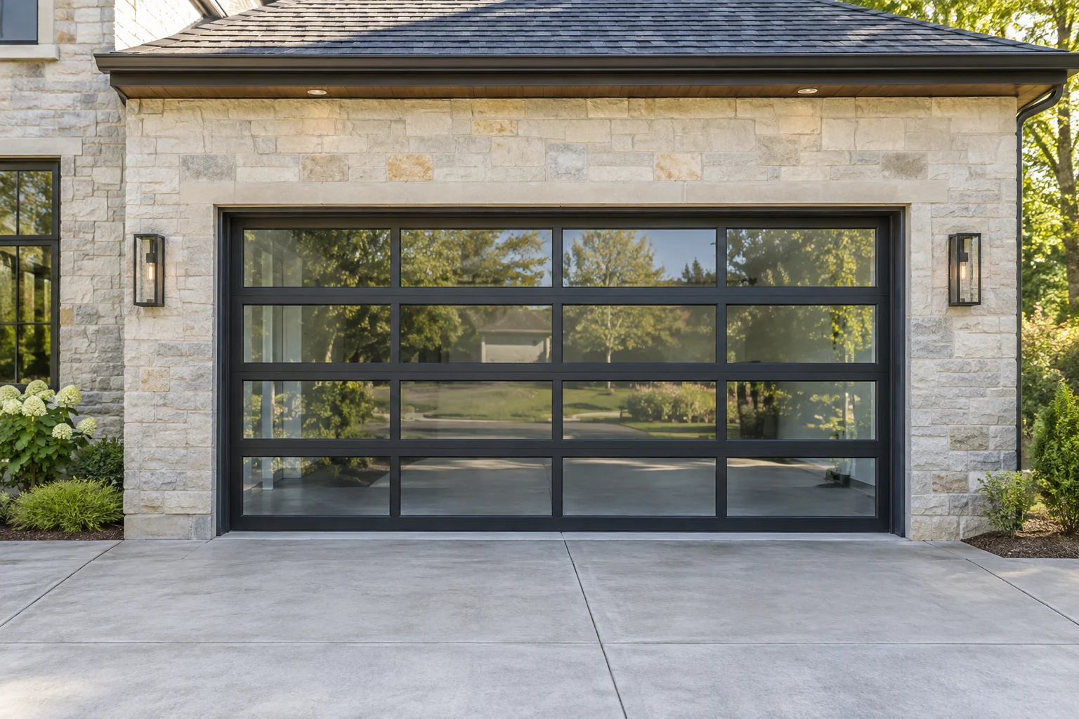 Reflective glass garage door with charcoal framing on a pale stone home