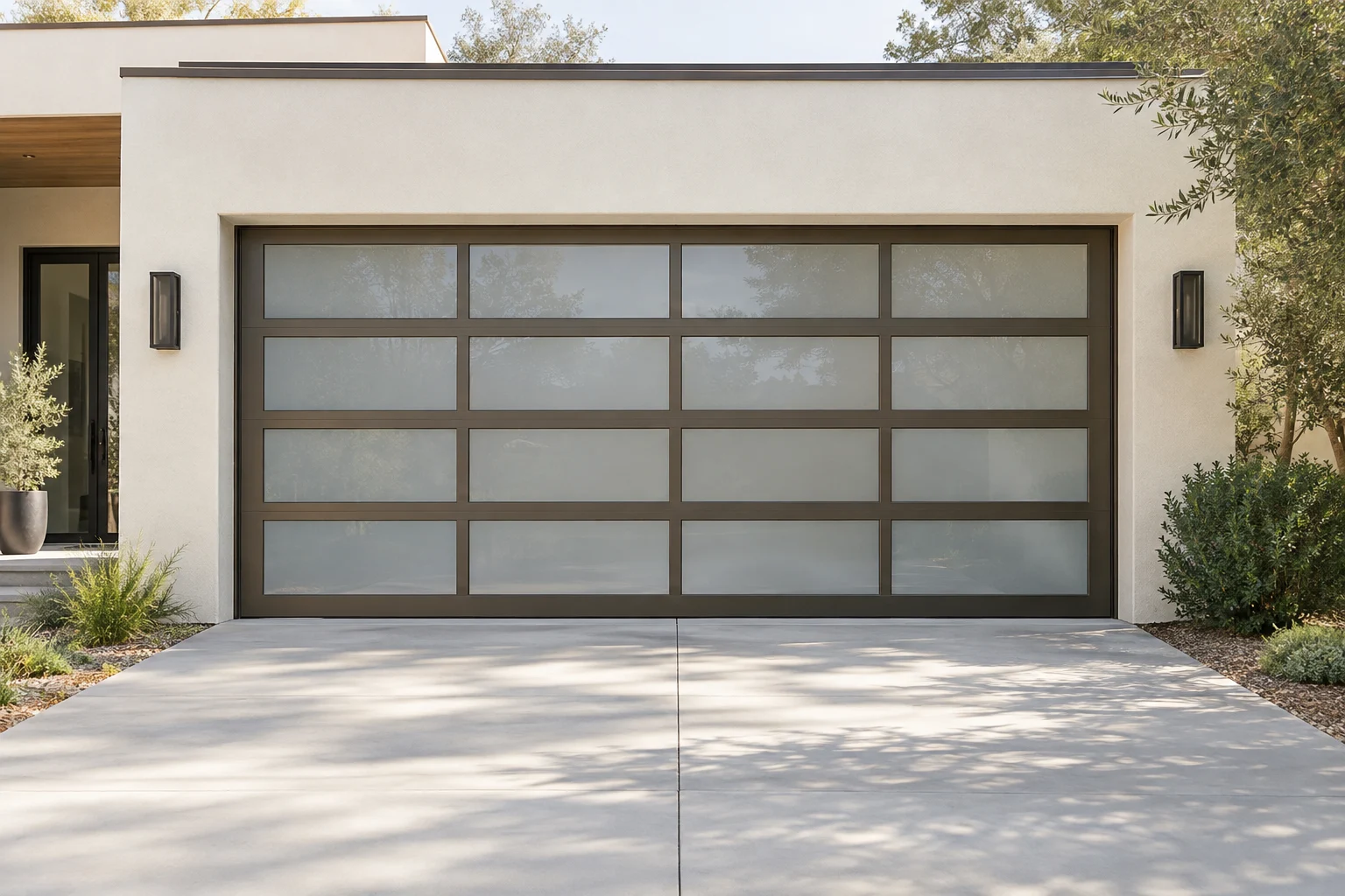 Satin glass garage door with bronze framing on a cream contemporary home