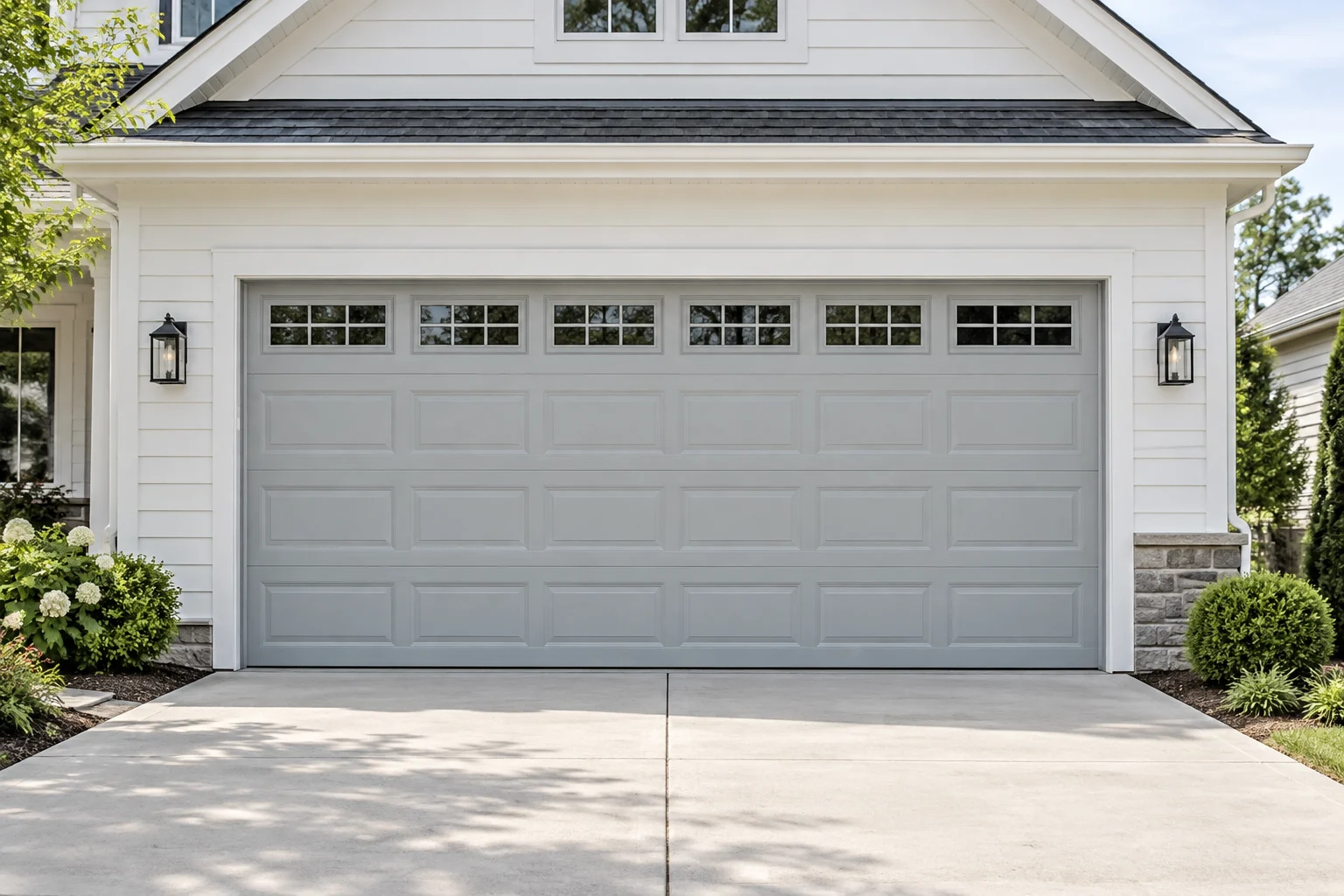 Pale gray steel garage door on a white clapboard home in daylight